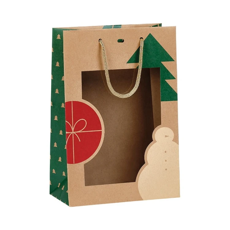 Świąteczna torebka ekologiczna z okienkiem, torba papierowa kraft z przezroczystym oknem 20x10x29 cm