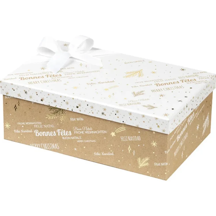 Białe, prostokątne pudełko prezentowe z kraftowym wieczkiem na Boże Narodzenie o wymiarach 33x21x10 cm
