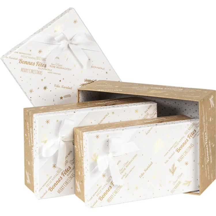 Świąteczne pudełko prezentowe biało-kraftowe z wieczkiem, 33x21x10 cm
