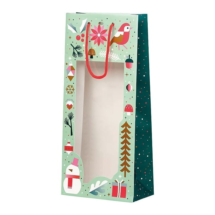 Elegancka torebka świąteczna na alkohol z okienkiem, opakowanie na dwa wina z przezroczystym oknem zielone 18x9x39 cm